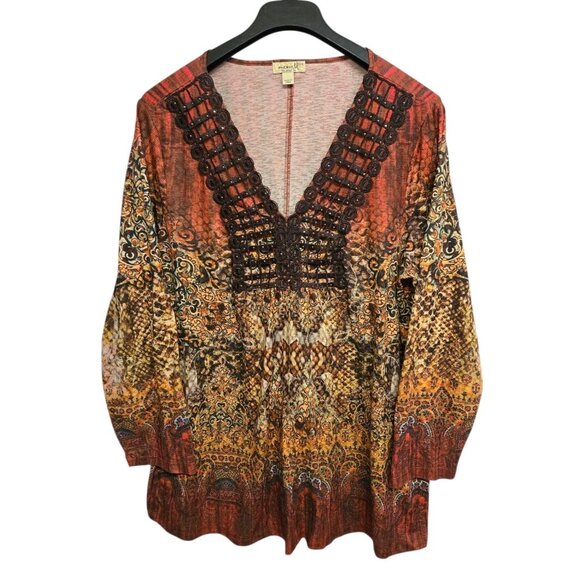 One World  Womens Plus 3X Multicolor Ombre Tunic Top V Neck Crochet Trim Boho - Picture 5 of 9